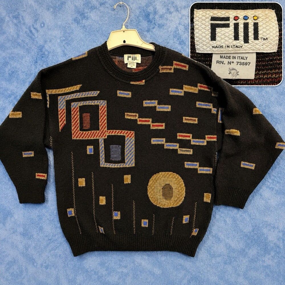 Vintage Men’s Store Italy Sweater L Geometric Pattern Knit 80s 90s Wool Blend